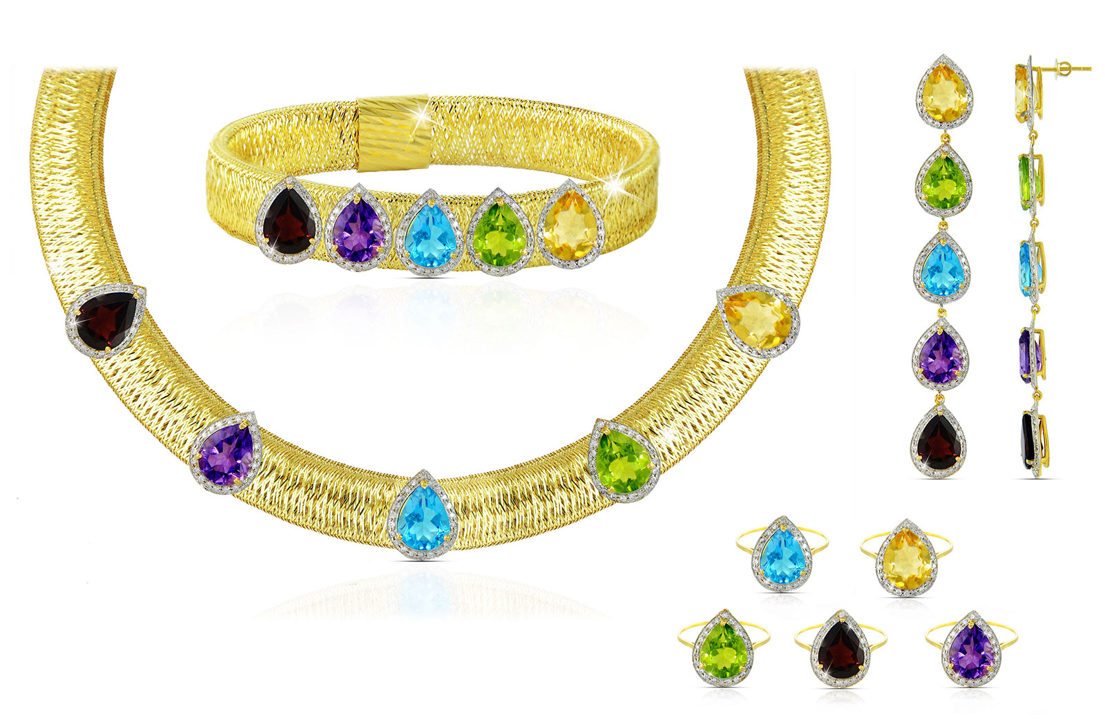 Vera Perla 18K  Gold 3.20Ct Genuine Diamonds and Multi-Gemstones Necklace, Bracelet, Earrings, and Rings